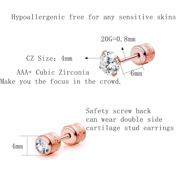 Cubic Zirconia Stainless Steel Hypoallergenic Screw Back Stud Earrings - Picture 11 of 14
